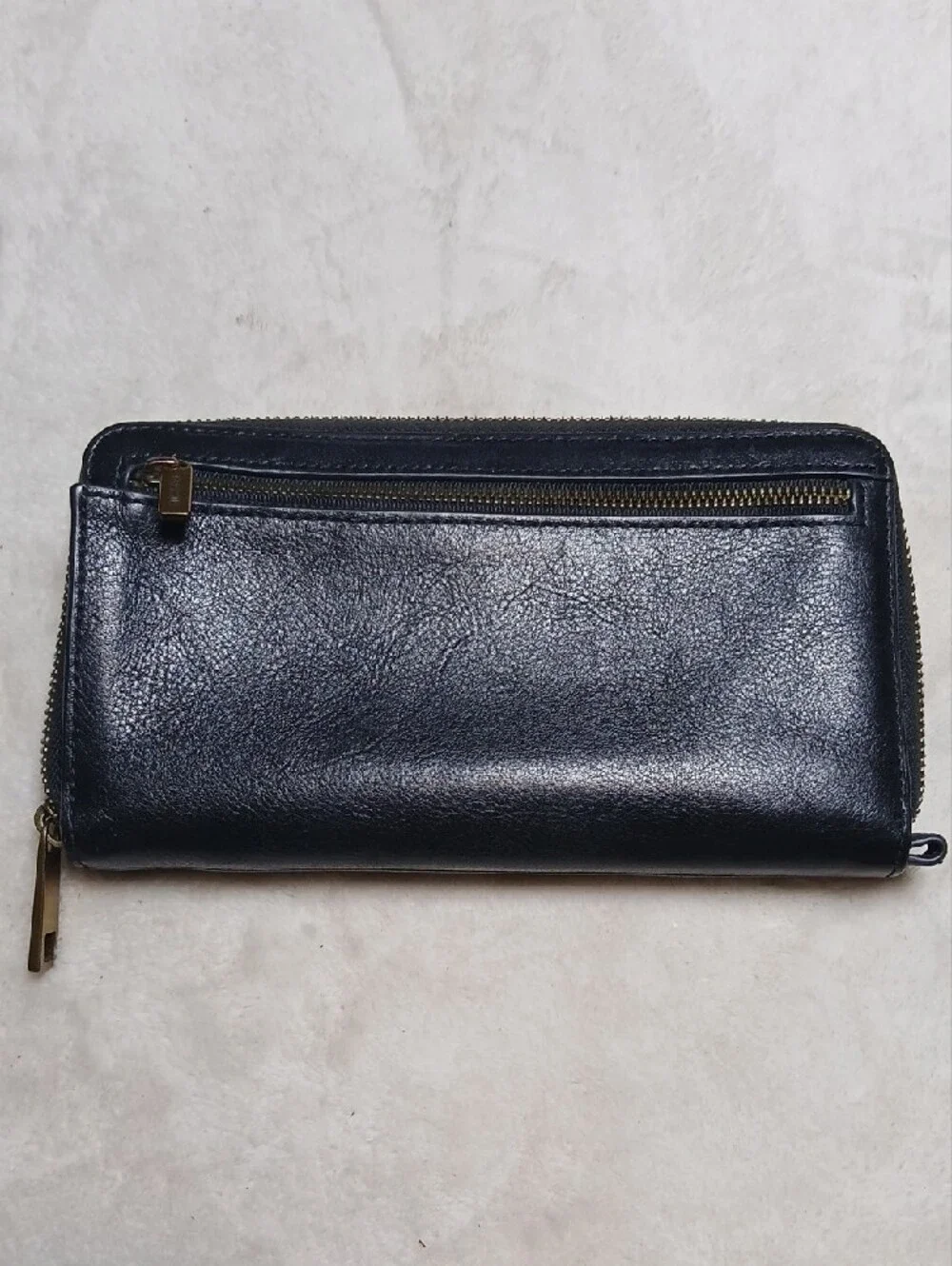 Fossil Black Leather Zip-Around Wallet with Gold Accent